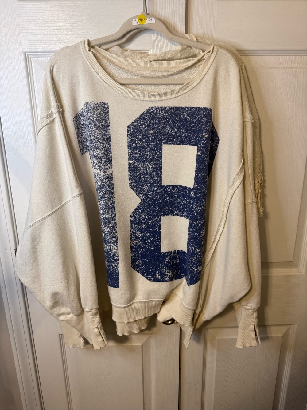 Free People Cream Crewneck Sweatshirt with Distressed Blue '18' Graphic